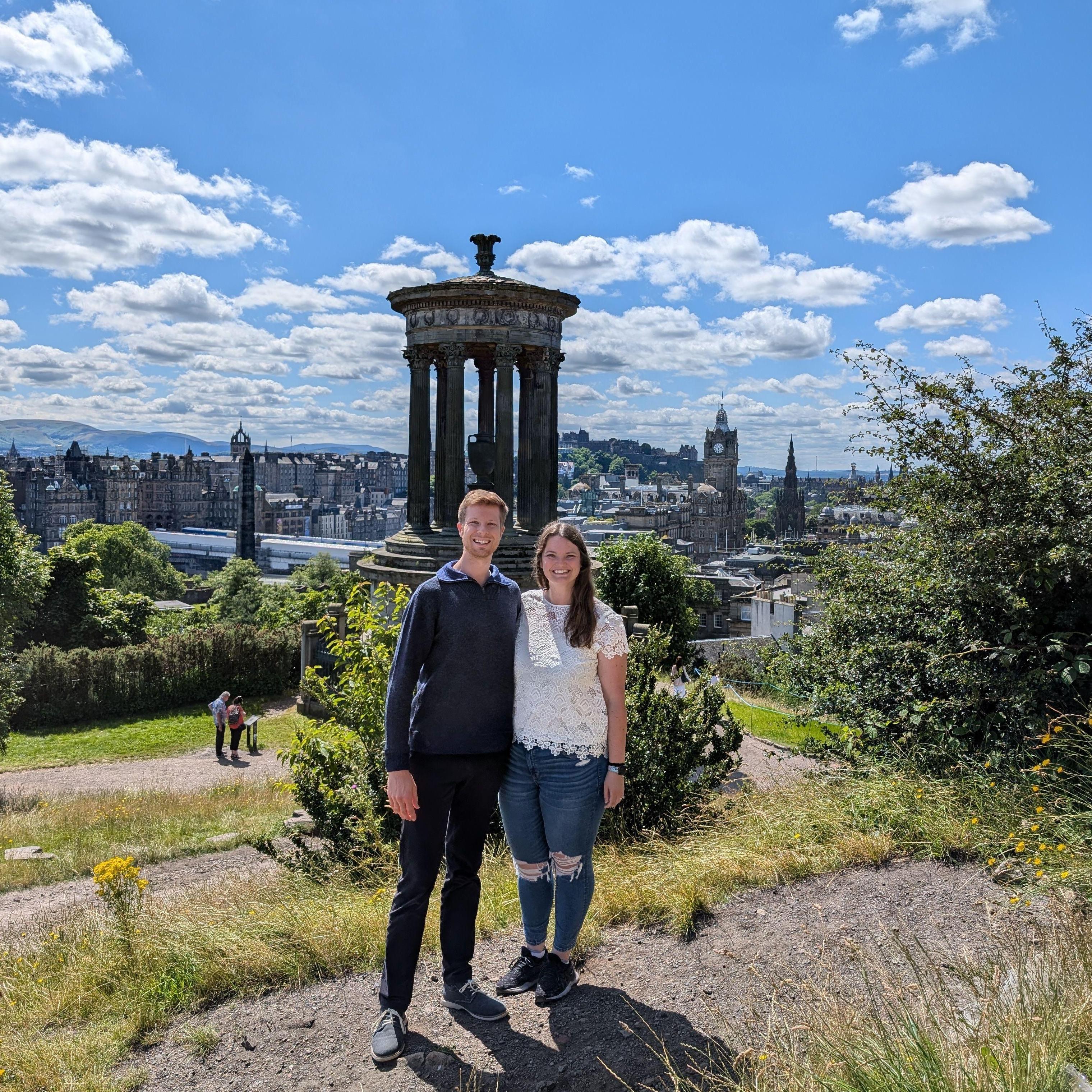 Calton Hill, Edinburgh, Scotland. We decided to have a large dinner and then walk up the hill. It was not our best idea, but the view was worth it!