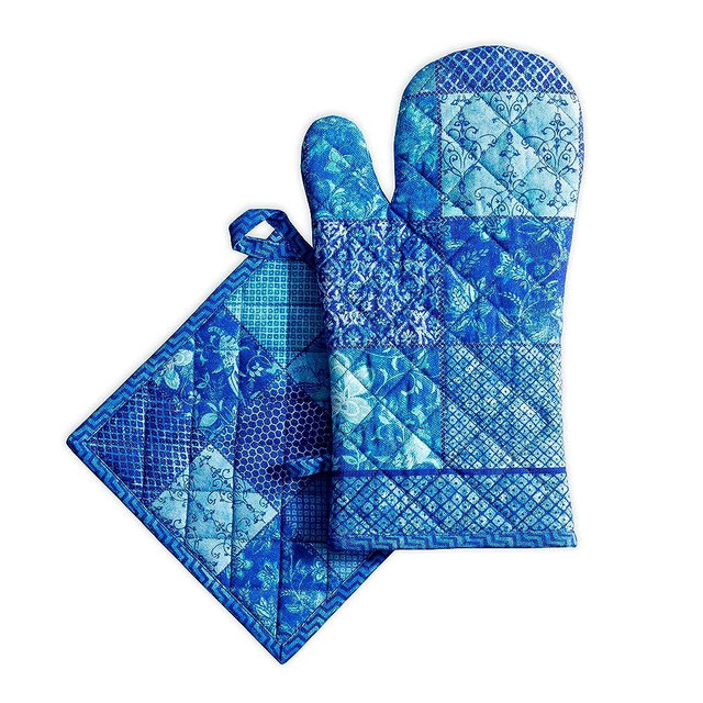 Maison d' Hermine Oven Mitt & Pot Holder 100% Cotton Heat Resistant Oven Gloves (7.5"x13") & Hot Pads (8"x8") Combo for Gifts, BBQ, Cooking & Restaurants, Indigo Love - Spring/Summer