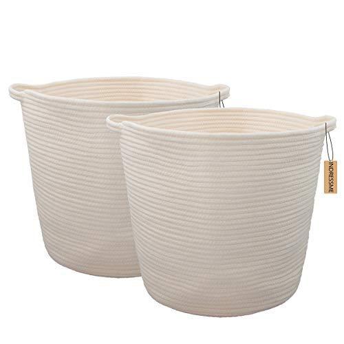 INDRESSME 2 Pack XL Round Cotton Rope Storage Basket Baby Laundry Basket Woven Baskets Blanket Soft Floor Basket with Handle for Throw Toy 16.0"x 15.0"x12.6",Off White