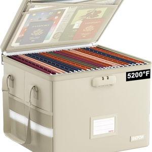 ENGPOW 5200°F File Box Fireproof Document Box with Lock,Heat Insulated Collapsible File Storage Organizer Box with Handle,Portable Home Office File Cabinet for Hanging Letter/Legal Size Folder, Beige