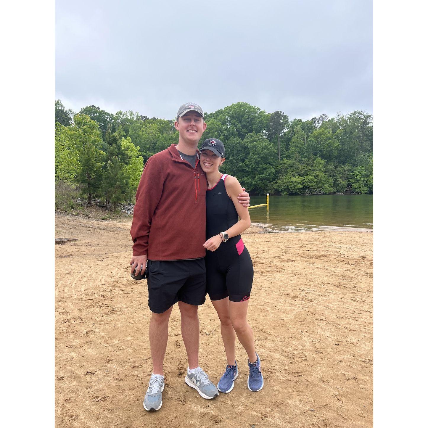 Kyle first met Erin's parents when she was running a triathlon. He spent two and a half hours cheering her on and talking to her parents, whom he had just met that morning. She knew he was a keeper!