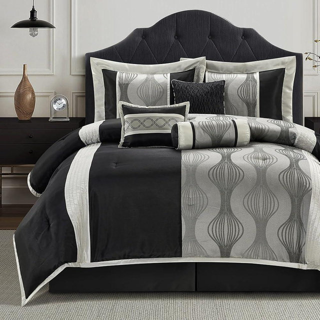 LANCO MODERN LIFESTYLE Queen Comforter Set, Black Silver, 7 Pieces Bed in a Bag, Soft Jacquard with Solid Piecework, Luxury Bed Set with Comforters, Bed Skirt, Pillow Shams and Decorative Pillows