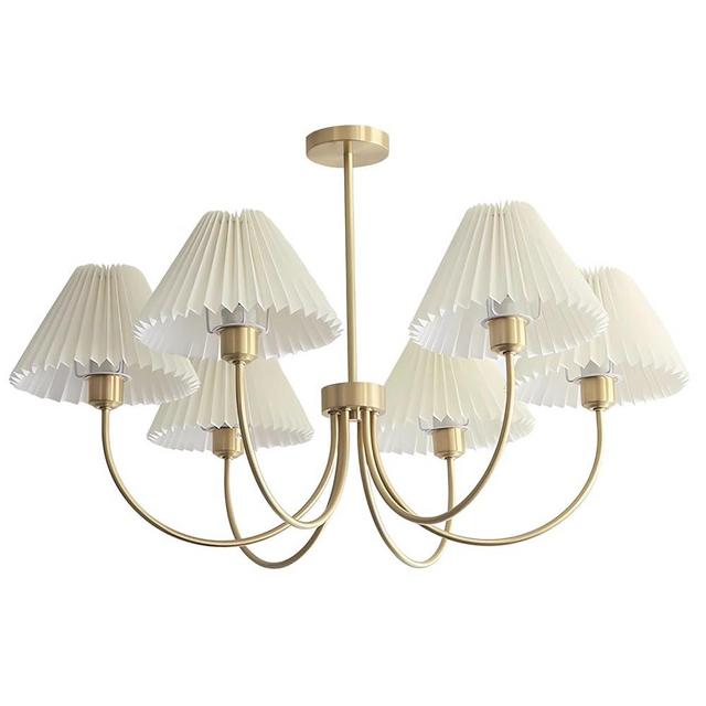 KCO Lighting Vintage Wrinkled Chandelier White Pleated Fabric Pendant Light Modern Gold Sputnik Chandelier 6-Lights Flush Mount Ceiling Light Classic Chandeliers for Dining Room