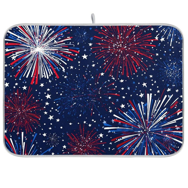 Patriotic Memorial Independence Day Dish Drying Mat for Kitchen Counter 16 X 18 In Red Blue Stars Fireworks Dry Dishes Pads Mats Absorbent Countertops Counter Tableware Mat Protector Home Decorations