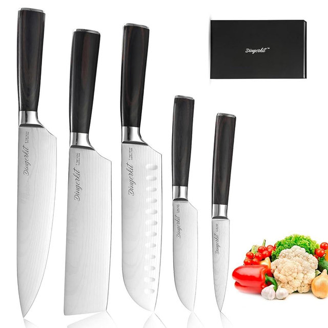 Dingerkit Knives Set for Kitchen, Chef's Knife Set Professional with Chef Santoku Cleaver Nakiri Fruit 5pcs Knife - Damascus Stainless Steel Cooking Knife Set with pakkawood Handle.