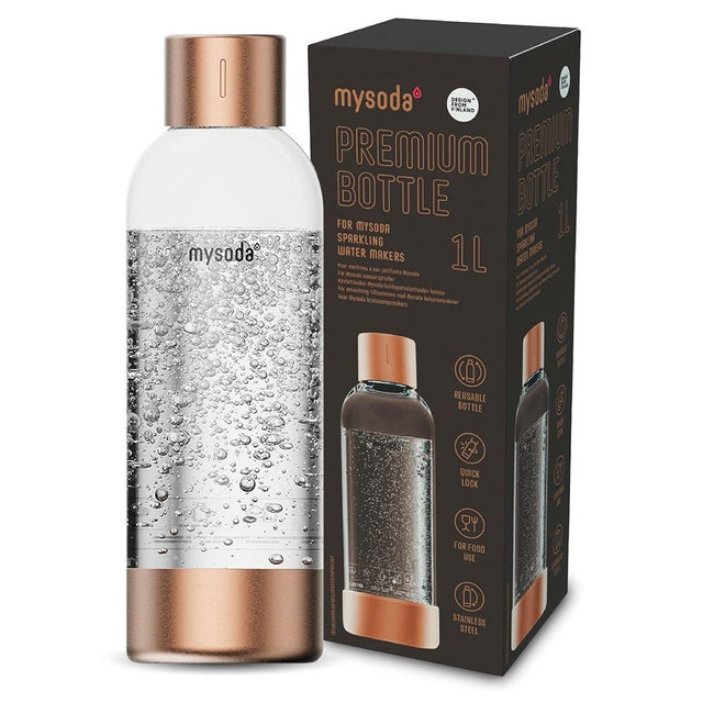Mysoda Premium Carbonating Bottle 1L Copper - Compatible with Drink mate, Wassermaxx, Aqvia, Sodapop and Levivo - Quick-Lock Reusable Bottles - Lid and Base Made of Stainless Steel - BPA Free