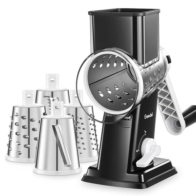 Geedel Rotary Cheese Grater - Upgraded Vegetable Shredder with 4 Interchangeable Blades, Easy to Clean Cheese Shredder with Handle, Kitchen Grater Nuts Grinder for Cutting Cheese, Vegetable, Nuts