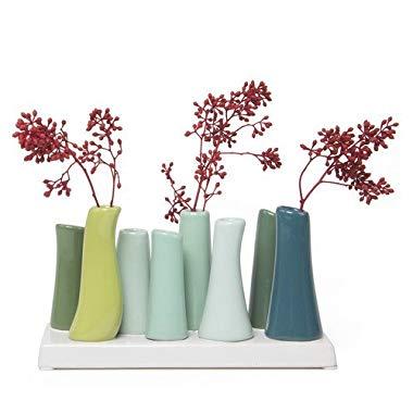 Chive - Pooley 2, Unique Rectangle Ceramic Flower Vase, Small Bud Vase, Decorative Floral Vase for Home Decor, Table Top Centerpieces, Arranging Bouquets, Set of 8 Tubes Connected (Chartreause)