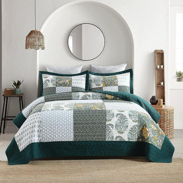 Secgo Quilt King Size - 100% Cotton Bedding Set (98 * 106 Inch) with 2 Pillow Shams, Patchwork Reversible Lightweight Bedspread, Quilted Coverlet Fit All-Season