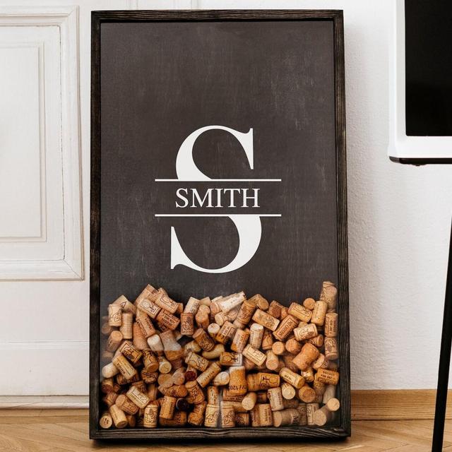 Wine Cork Holder, Family Monogram Gift, Custom Last Name Home Gift, Personalized Sign for Family, Black Wood Decor, Display Case Shadow Box
