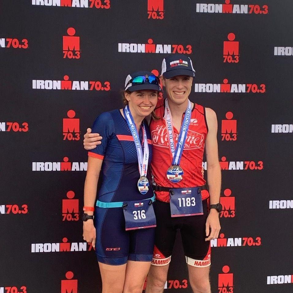 Post our first Half Ironman! 1.2 miles of swimming, 52 miles of biking, and 13.1 miles of running.