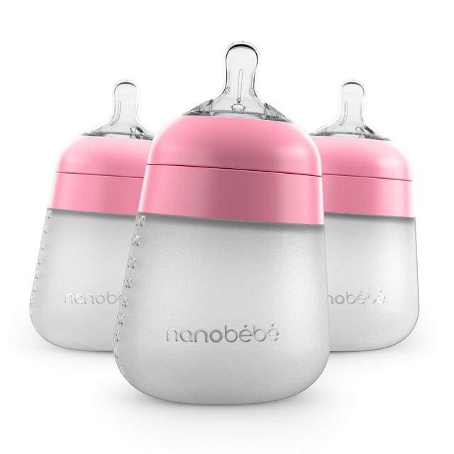 Nanobébé Flexy Silicone Baby Bottle, Anti-Colic, Natural Feel, Non-Collapsing Nipple, Non-Tip Stable Base, Easy to Clean, 3-Pack, Pink, 9oz