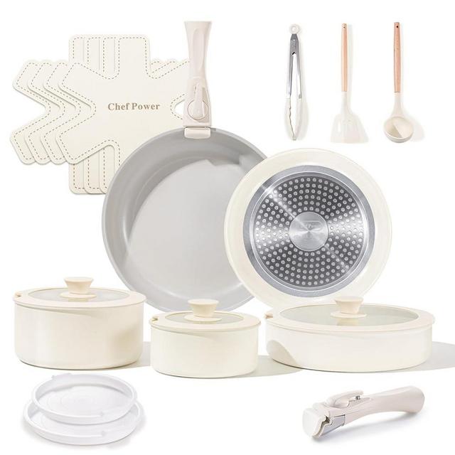 Chef Power Ceramic Nonstick Pots and Pans Set 19 Piece with Detachable Handle, Induction Dishwasher Oven Safe Cookware Set, RV Kicthen Set Removable Handle, Granite Grey and White