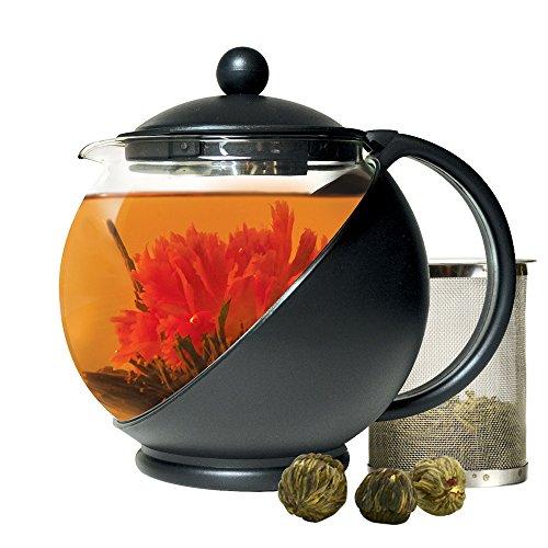 Primula Half Moon Teapot with Removable Blooming and Loose Leaf Tea Maker Set, Stainless Steel Filter for Premium Infusion, Borosilicate, Heat Protective Plastic Cage, 40-Ounce, Black/Glass