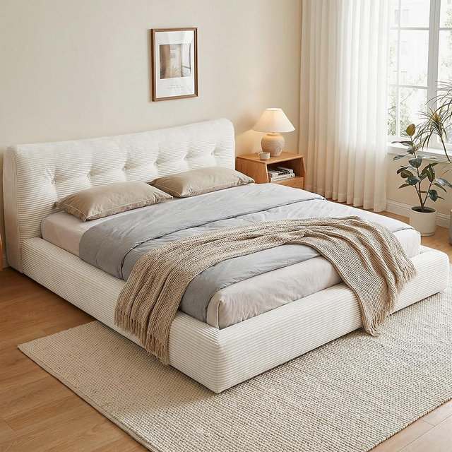 Homkdom King Size Bed Frame,Upholstered Cloud Bed Frame with Button Design Headboard,Round Corner Design for Bedroom,Sturdy Slat Support, No Box Spring Needed, Beige,Corduroy