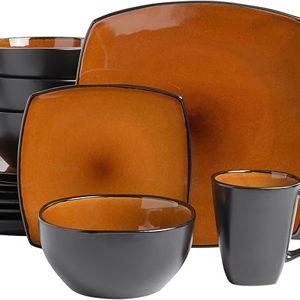 Gibson Elite Soho Lounge Square Reactive Glaze Stoneware Dinnerware Set, Service for 4 (16pc), Amber