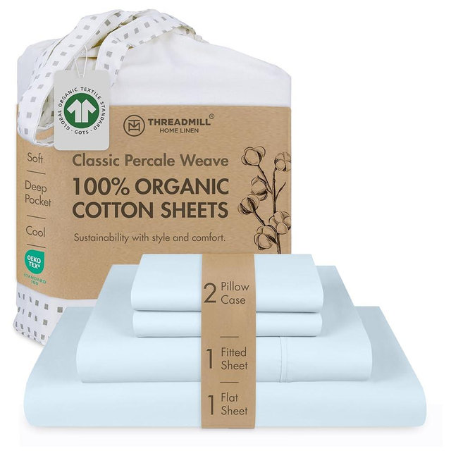 Threadmill Luxury Organic Cotton Sheets - Certified by GOTS - King, 4 Piece, Light Blue - Breathable - Premium Sheet Set - Smooth and Cool Bedding with Perfect Elastic Deep Pocket Fit