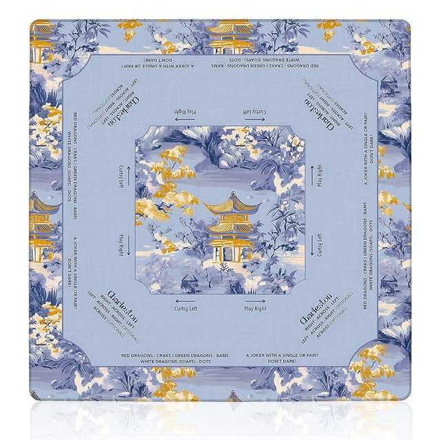 LZYRF Blue and Gold Chinoiserie Mahjong Mat 31.5 x 31.5 in, Vintage Oriental Chinese Pagoda Anti Slip and Noise Reduction Game Table Cover for Mahjong Dominoes Card Board Tile Games