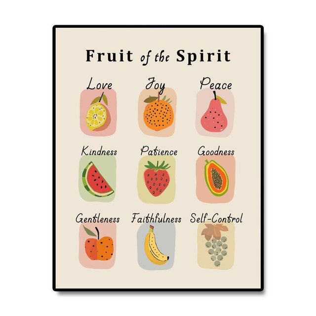 Fruit of the Spirit Wall Art, Fruit Art Print, Retro Christian Home Decor, Vintage Scripture Print, Bible Verse Wall Art, School Kids Decor Homeschool Christian Decor, Unframed Print (8 x 10 in)