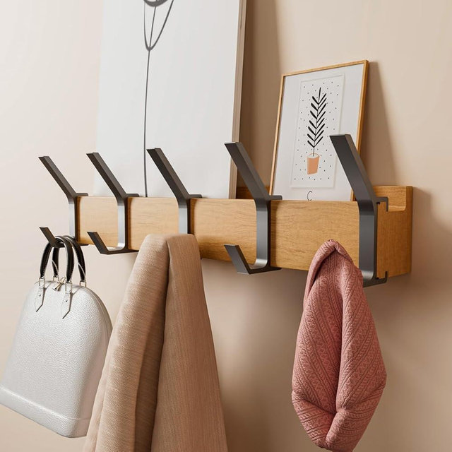 MOKIUER Coat Rack Wall Mount |17" Wall Coat Rack with 5 Removable Double Hooks | Coat Hooks for Hat Key Backpack Towel,Wooden Wall Hook