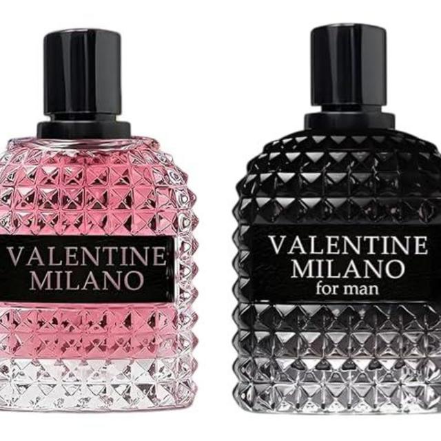 Valentine Milano Couple Set Perfume Gift Set for Women/Men EDP – (100ml x2) Amber Floral & Oriental Scents, Cologne with a Modern Twist Elegant, Plus 2 Refillable 5ml Travel Spray Bottles.