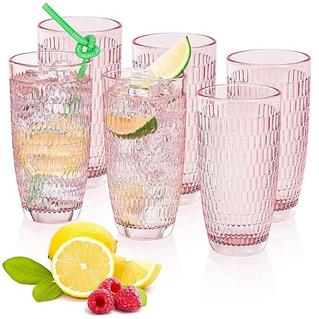 CREATIVELAND Highball Beverage Glasses Set of 6 Romantic PINK Colored Thick & Heavy Base Big Capacity 14.87oz|440ml, Drinking Glass Tumblers for Iced Tea, Water, Soda & Juice and Cocktails etc