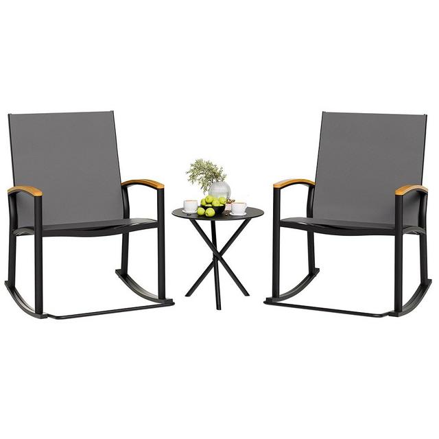Shintenchi 3 Piece Outdoor Rocking Bistro Set, Textilene Fabric Small Patio Furniture Set, Front Porch Rocker Chairs Conversation Set with Table for Lawn, Garden, Balcony, Poolside (Light Gray)