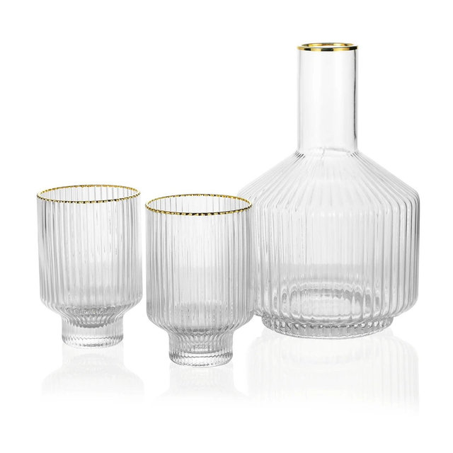 Slickblue Glass Bedside Carafe Set with Gold Rim - 59oz Water Carafe & 12.5oz Glass