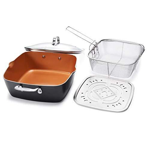 Gotham Steel - 6 Quart XL Nonstick Copper Deep Square All in One 6 Qt Casserole Chef’s Pan & Stock Pot- 4 Piece Set, Includes Frying Basket and Steamer Tray, Dishwasher Safe