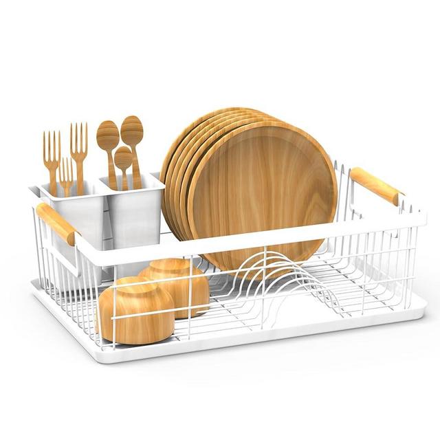 AppleTofu Dish Drainer Rack - Plate, Cutlery, Pots, and Pans Drying Rack for Kitchen with Beechwood Handles - Modern Retro Design Drip Tray with Metal Rack - White