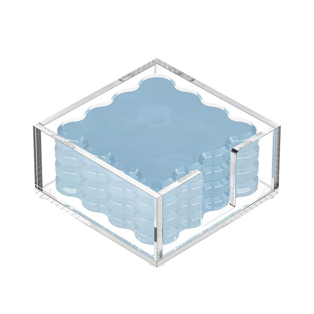GRAHAM DESIGN Square Scalloped Acrylic Drink Coaster Set 4‑Pack with Square Holder (Light Blue)