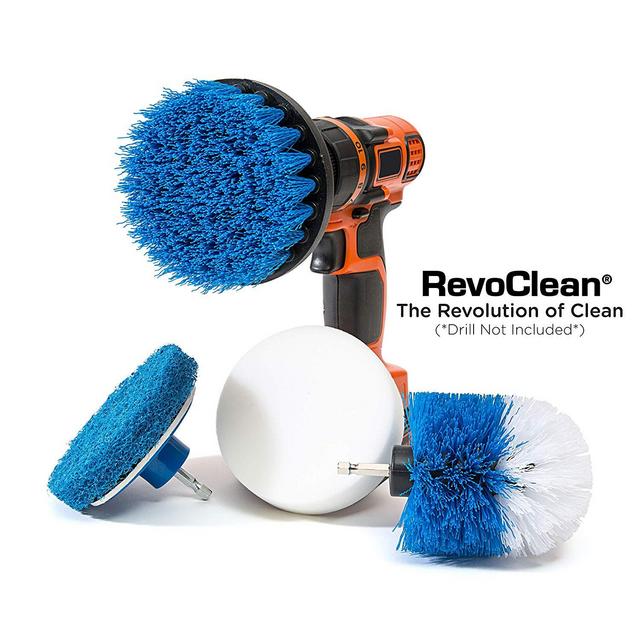 Vitila - RevoClean 4 Piece Scrub Brush Power Drill Attachments-All Purpose Time Saving Kit-Perfect for Cleaning Grout, Tile, Counter, Shower, Grill, Floor, Kitchen, Blue & White