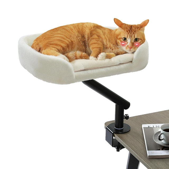 PAWZ Road Cat Desk Bed for Indoor Cats, Cat Bed for Desk Supports Up to 50 lbs, 360° Rotation & Adjustable, Nest Desktop Attachment Cats Hammock for Table, White