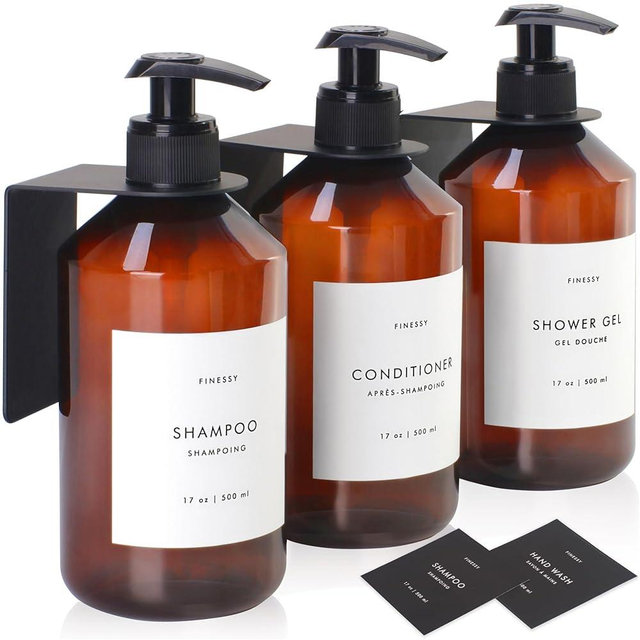 FINESSY No Drill Shampoo and Conditioner Dispenser Wall Mount, Shower Shampoo Dispenser 3 Chamber, Amber Refillable Shampoo and Conditioner Bottles, Shower Soap Dispenser Wall Mounted for Bathroom Set