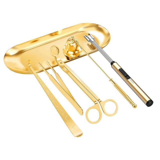 6 in 1 Candle Accessory Set,Candle Wick Trimmer Cutter,Candle Wick Dipper,Candle Wick Snuffer, Rechargeable Candle Lighter,Storage Tray Plate,Tweezers,Stainless Steel Candle Care Kit Home Gift(Gold)