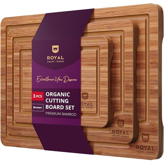 ROYAL CRAFT WOOD Wooden Cutting Boards for Kitchen Meal Prep & Serving - Bamboo Wood Serving Board Set with Deep Juice Groove Side Handles - Charcuterie & Chopping Butcher Block for Meat (3 Pcs)