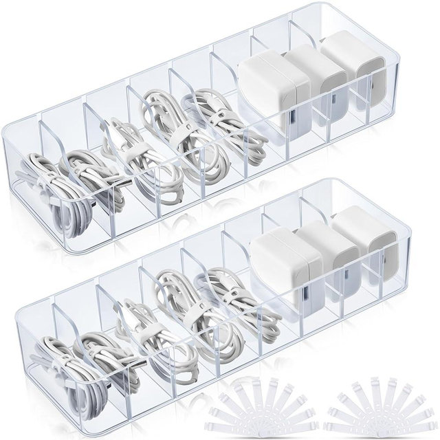 Tatuo 2 Pcs Plastic Charger Cord Organizer Box, Cord Storage Organizer Box, Electronics Cable Organizer Box Cable Storage Box with Wire Ties for Home Drawer Office Desk Organizers Accessories (Clear)