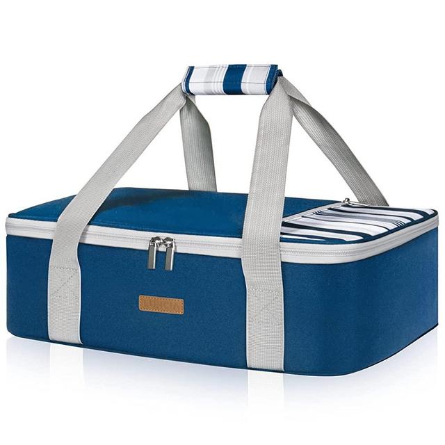 LUNCIA Lunch Bag Double Decker Insulated Casserole Carrier for Hot or Cold Food, Lasagna Holder Tote for Potluck Parties/Picnic/Cookouts, Fits 9"x13" Baking Dish, Dark Blue