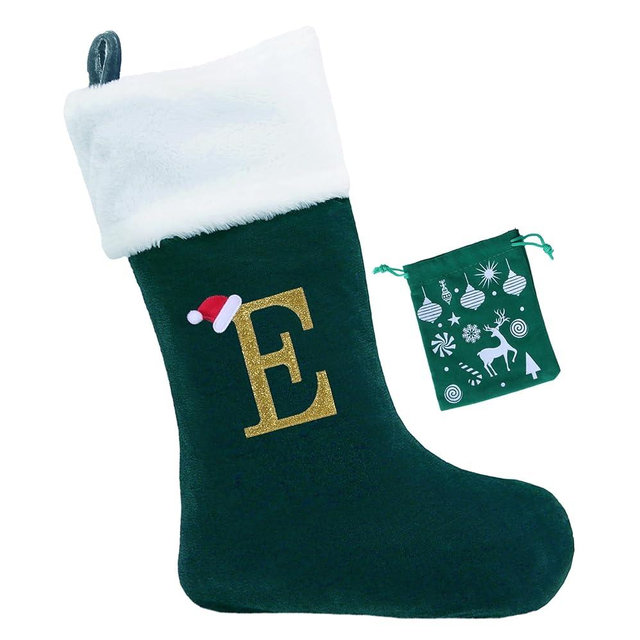EHJYO 20 Inches Monogram Christmas Stockings with Letters Large Super Soft Christmas Stockings, Green Velvet with White Plush Cuff Embroidered Xmas Stocking for Christmas Family Decor Letter E
