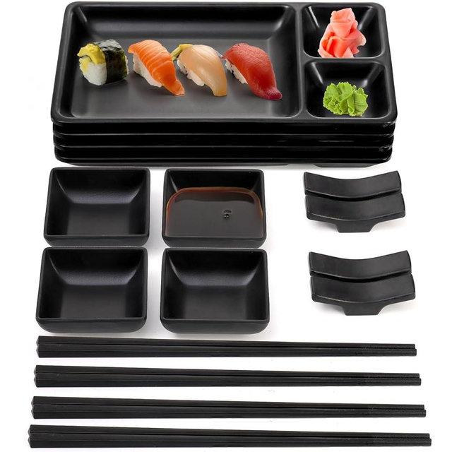 Pumtus 16 Piece Japanese Sushi Plate Set, Melamine Sushi Serving Set, Sushi Dinnerware Set - Includes 4 Sushi Serving Plates, 4 Soy Sauce Dishes, 4 Pairs of Chopsticks, 4 Chopstick Holders (Black)
