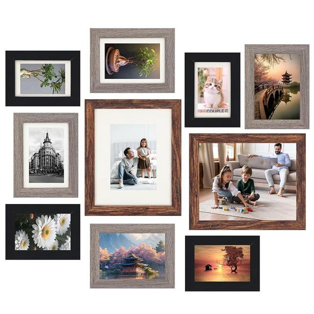 Fixwal Picture Frames Set of 10, Photo Frame Set with 4×6 5x7 8x10 frames for Wall Collage and Tabletop Display, Gallery Wall Frames in 3 Different Finishes including Brown,Grey and Black