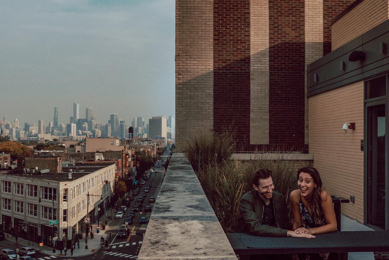 Robey Hotel rooftop deck on the west side, which  offers rarely shown views of the Chicago skyline from the west. Jess & Joe love the architecture of the building and unique design style.