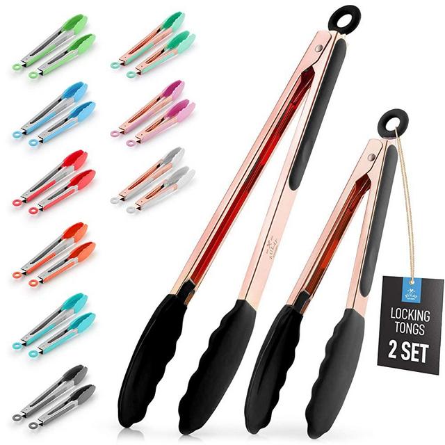 Zulay 2 Pack (9" & 12") Tongs For Cooking With Silicone Tips - Stainless Steel Kitchen Tongs With Lock Mechanism - Non Stick Silicone Tongs For Cooking, Grill, BBQ, Serving & More (Rose Gold- Black)