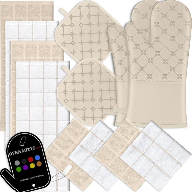 Oven Mitts Kitchen Towels Dishcloths with Pot Holders Sets 12PCS,Dish Towels Sets,Oven Gloves Pot Pads Heat Resistant 500 Degrees with Non-Slip Silicone Surface for Cooking Baking Grilling-Milkshake