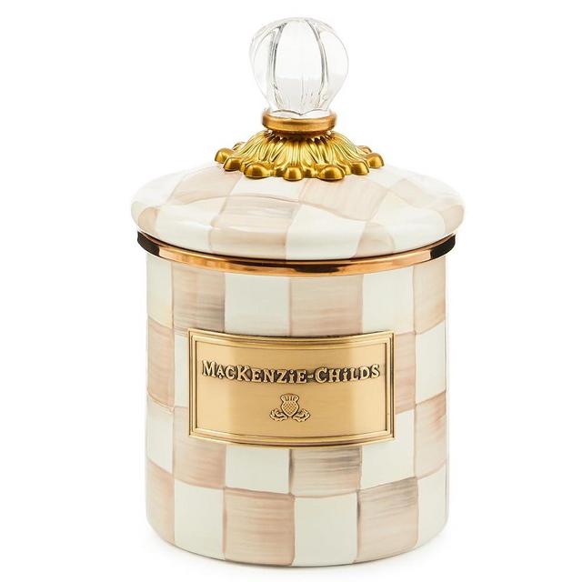 MACKENZIE-CHILDS Demi Enamel Canister, Kitchen Storage Container with Lid, Brown-and-White Mocha Check