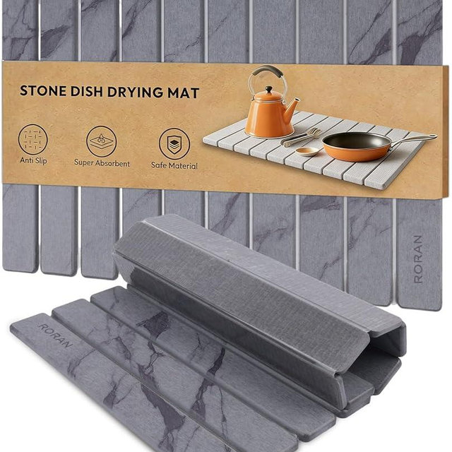 Stone Drying Mat for Kitchen Counter, 24"(L)×16"(W), Drying Matt Kitchen Counter, Quick Dry Stone Dishes Mats, Foldable Diatomaceous Earth Mat (Dark Gray)
