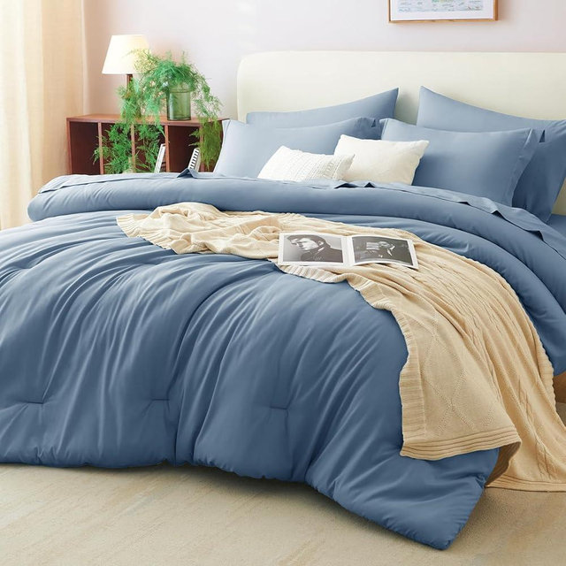 CozyLux Full Comforter Set Grayish Blue, 7 Pieces Bed in a Bag Bedding Comforter Set with Sheets, All Season Boho 7PC Bed Sets with Comforter, Fitted Sheets, Flat Sheets, Pillow Shams and Pillowcases