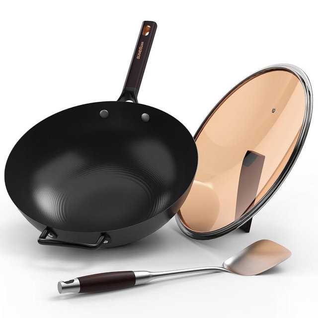 SUMEIGUAN Pan 13.5" Carbon Steel Wok with Lid, Sauté Pans Non Stick Skillet Chinese Wok Flat Bottom Large Iron Stir Fry Pans for Induction, Electric, Stove, Gas