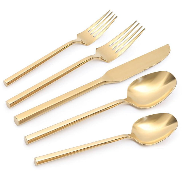 Kikbioee Gold 20 Piece Forged Silverware Stainless Steel Flatware Set with Hexagon Handle Cutlery Set Mirror Polished Including Forks Knives Spoons Dishwasher Safe Service for 4