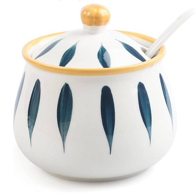 Ceramic Sugar Bowl with Lid and Spoon – 12 oz Sugar Container for Kitchen Counter, Coffee Bar and Home, Farmhouse Sugar Jar for Coffee, Tea, and Baking, Sugar Pot Dishwasher Safe